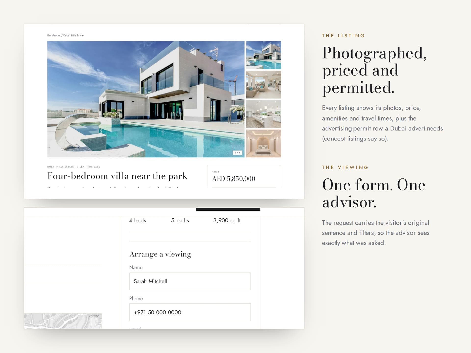 A villa listing with its photo gallery and the viewing request form