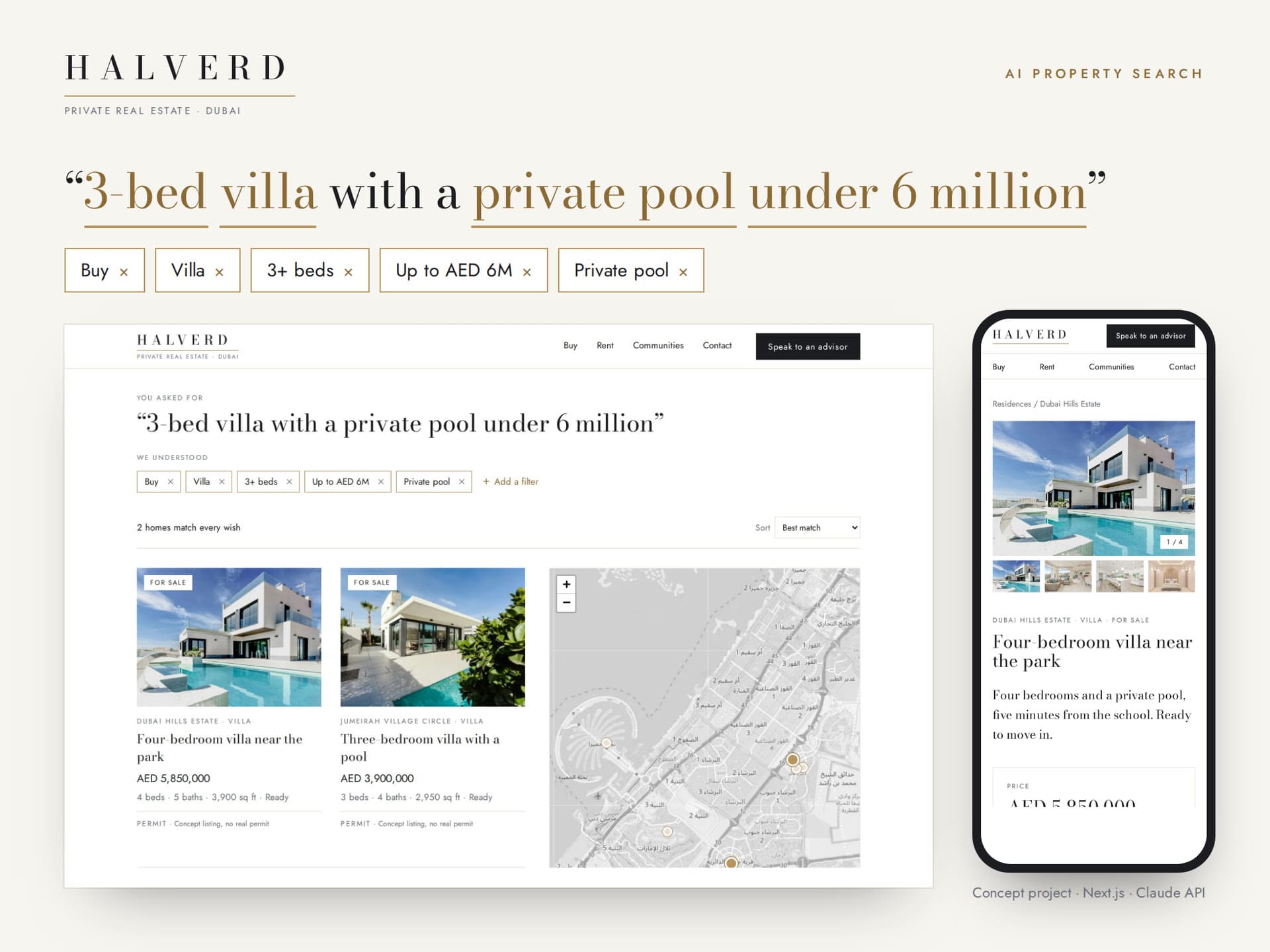 Search results on desktop and phone, with filter chips, listing cards and a map
