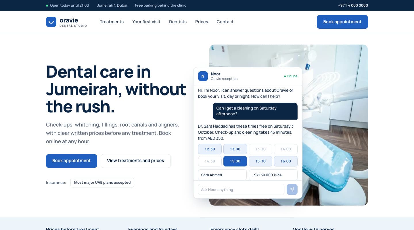 Oravie's home page, with Noor offering free appointment times as buttons