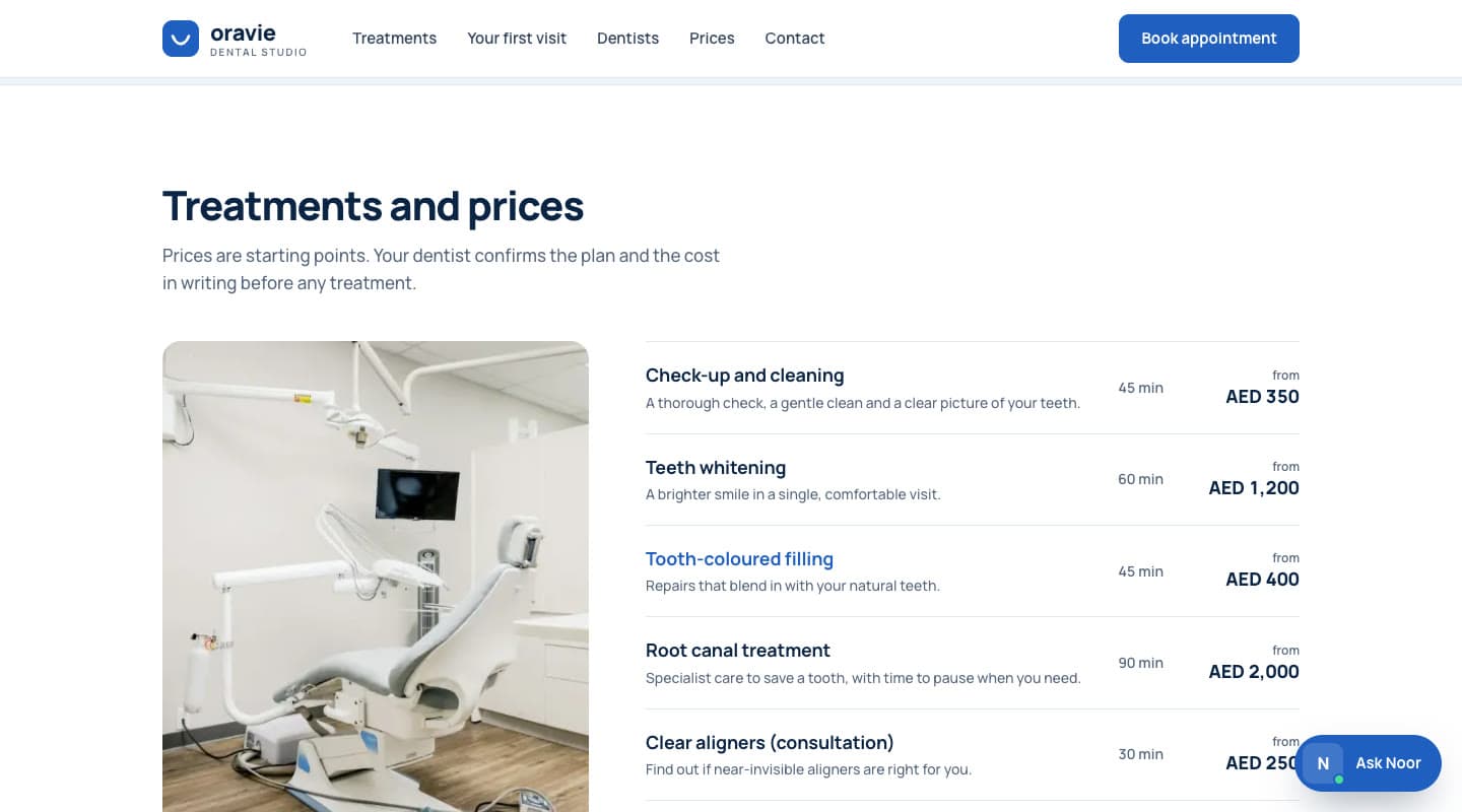 The treatments page with a price and a duration for each treatment