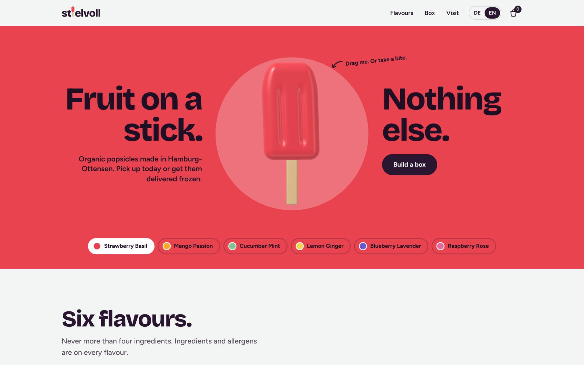 Stielvoll's hero: a glossy red 3D popsicle between the words "Fruit on a stick. Nothing else."