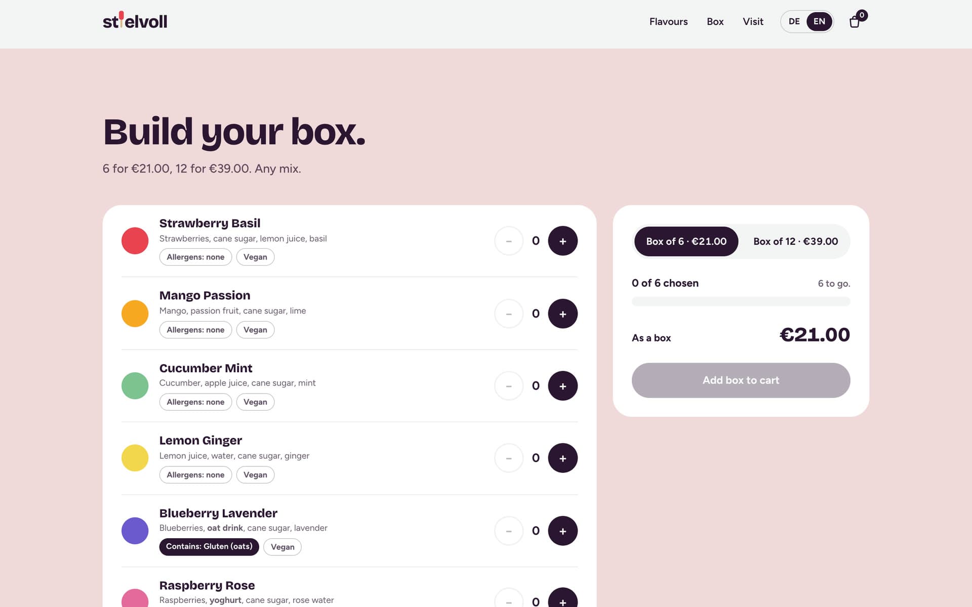 The box builder with six flavours, counters and the box price