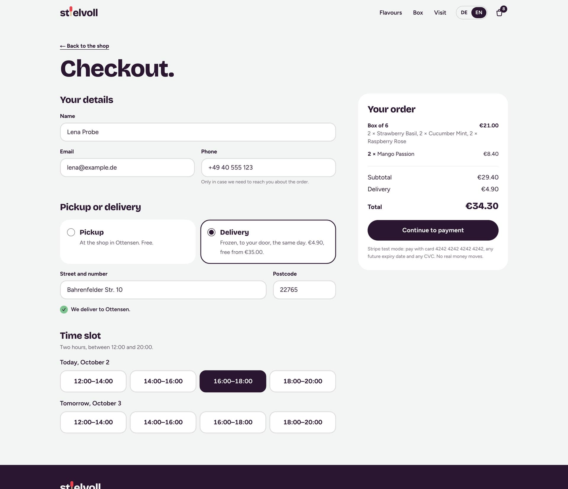 Checkout with delivery, a chosen time slot and the order summary